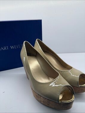 Stuart Weitzman Nude Patent Peep-Toe Cork Wedge Heels